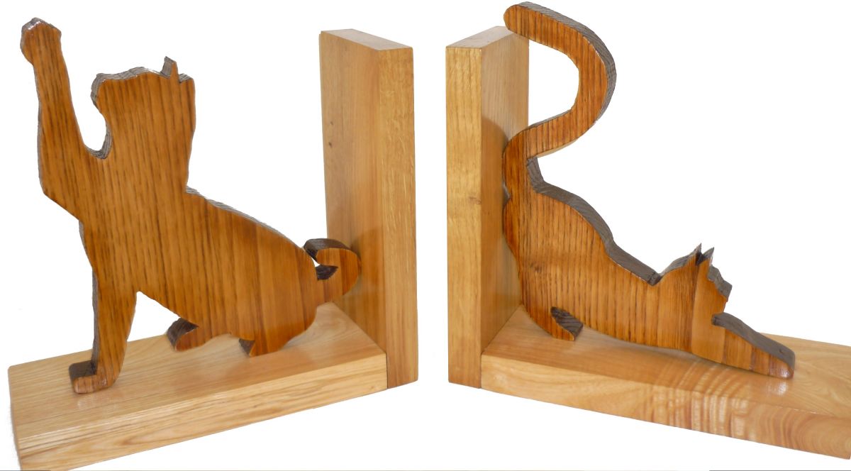 Solid Wood Bookend " Les Chats " In Chestnut, Ash And Oak