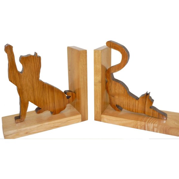 Solid Wood Bookend " Les Chats " In Chestnut, Ash And Oak