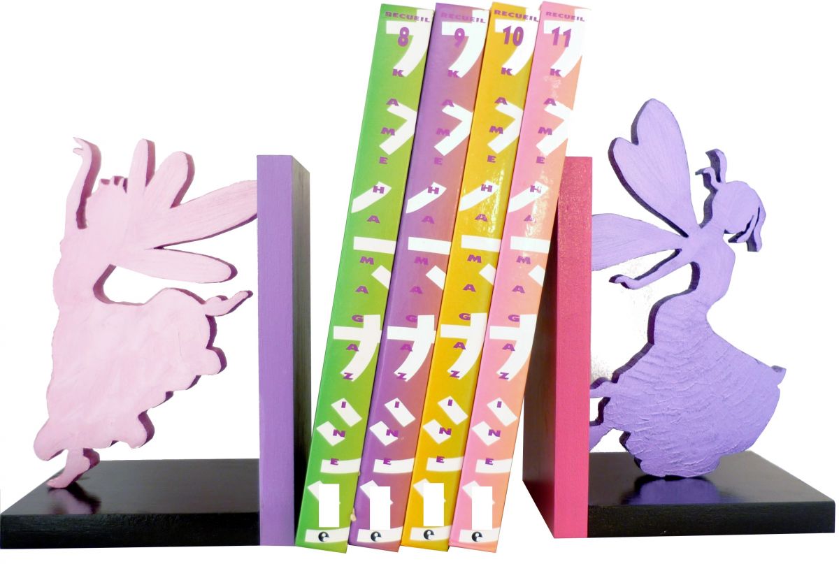Modern "Happy Fairies" bookend, made of wood
