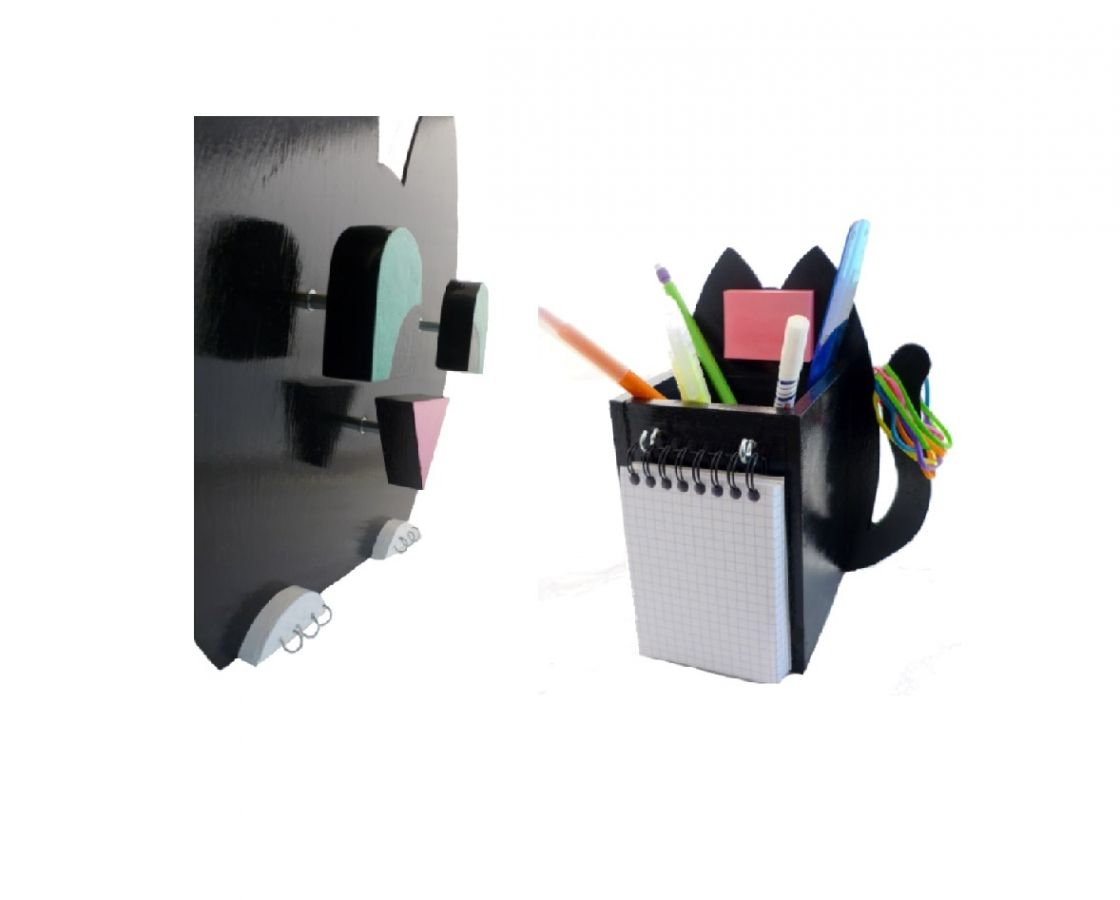 Back to school wooden set model : mischievous cat Pencil pot and wall coat rack with 3 pegs + key ring