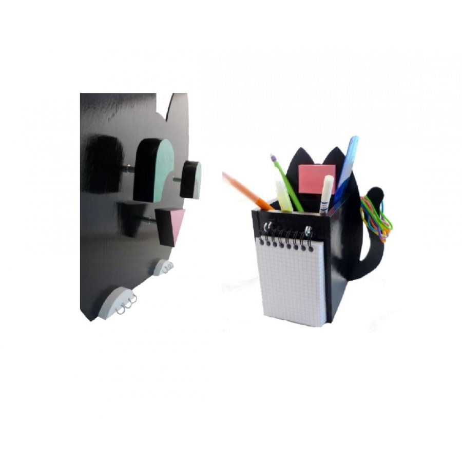 Back to school wooden set model : mischievous cat Pencil pot and wall coat rack with 3 pegs + key ring