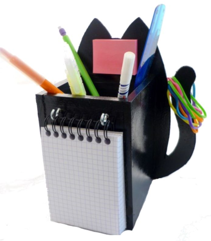 Back to school wooden set model : mischievous cat Pencil pot and wall coat rack with 3 pegs + key ring