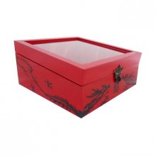 Wooden box inclined and its glass lid. Model : red dragon