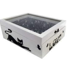 Wooden box inclined and its glass lid. Model : love cat