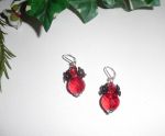 Original black flower earrings with red crystal beads