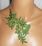 Necklace in fine green embroidery with flower design and crystal on silver chain