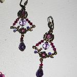 Purple and green crystal beaded flower connector earrings