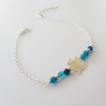 Small blue agate stones bracelet with clover on 925 silver chain