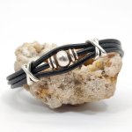 Men's bracelet black leather multi-ranks with silver metal bead