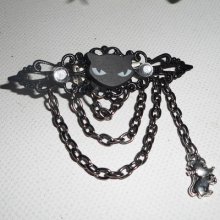 Black cat brooch with crystal rhinestones and black chain