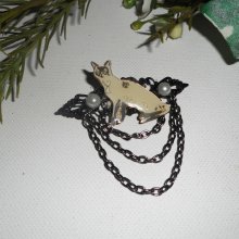 Siamese cat brooch with pearl enamel and black chain
