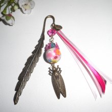 Bookmark with pink flowery pearl nib with bronze cicada and ribbons