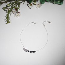 Ankle bracelet with wing and black bohemian crystal beads on 925 silver chain
