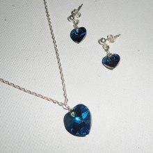 Set Blue heart pendant with Swarovski crystal on 925 silver chain