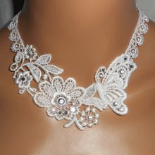 White lace flower and butterfly ceremony necklace with Swarovski crystal and pearls