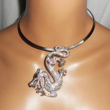 Original silver metal necklace with large crystal dragon