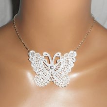 White butterfly necklace in fine embroidery on silver chain