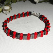 Hematite stone bracelet with red crystal beads and silver 925