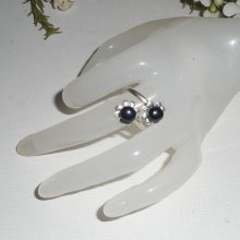 Original 925 silver ring with flower and black cultured pearl