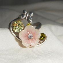 Original 925 silver ring with pink flower and Swarovski crystal