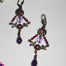 Purple and green crystal beaded flower connector earrings