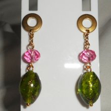 Green and pink glass and crystal earrings