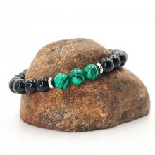 Malachite stone bracelet with onyx and stainless steel beads
