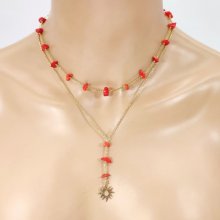 Double row necklace in red gorgon with sun
