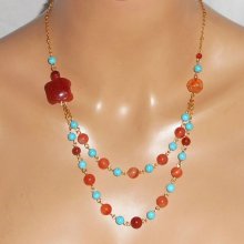 Turtle necklace with carnelian and turquoise stones 
