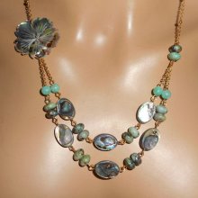 Necklace green jasper stones with flowers and double row abalone pucks