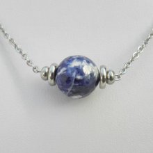 Solitaire necklace with round blue sodalite stone and stainless steel beads