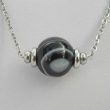 Solitaire necklace with marbled black agate stone and stainless steel beads