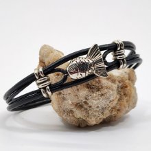 Men's bracelet black leather multi-ranks with silver metal fish