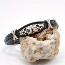 Men's black leather bracelet multi-ranks with double skull bead 