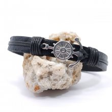 Anchor and rudder bracelet on black leather