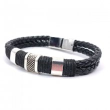 Men's bracelet 3 loops and rope on black leather