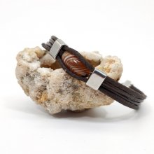 Olive agate bracelet on brown leather multi-ranks for man