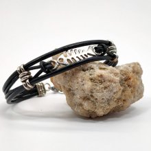 Men's bracelet black leather multi-ranks with silver metal fishbone