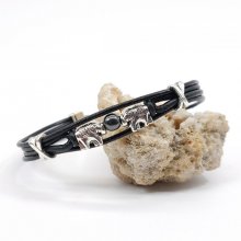 Elephants bracelet with stone on black leather cords 