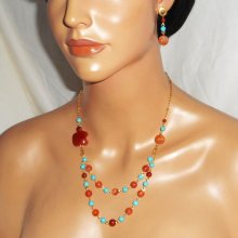 Turtle necklace set with carnelian and turquoise stones 