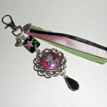 Bag jewelry / keychain glass flower bead and cameo with ribbons