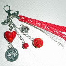Red glass heart bag/key ring with lace and ribbons