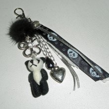 Keychain/Panda bag jewelry with black mink pompon and ribbons