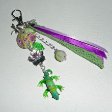 Glass gecko keychain/bag jewel with clay flower beads and ribbons