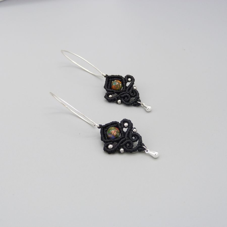 Black micro-macramé earrings with imperial jasper beads