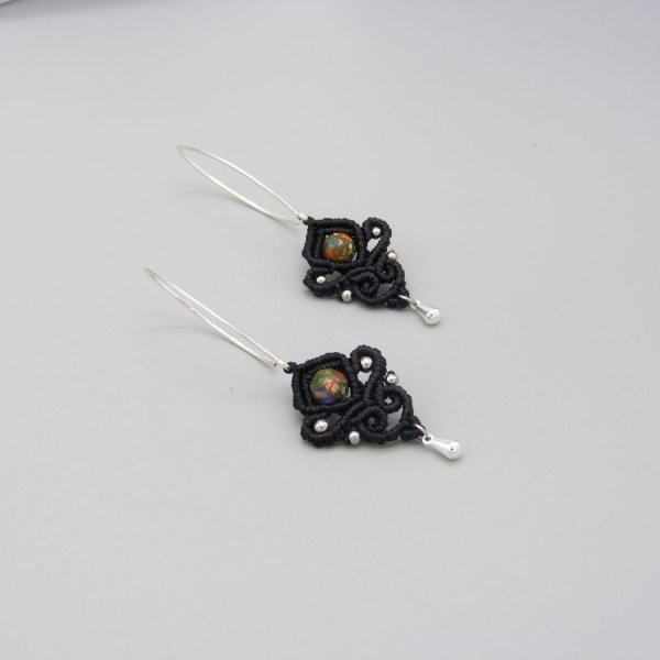 Black micro-macram&eacute; earrings with imperial jasper beads