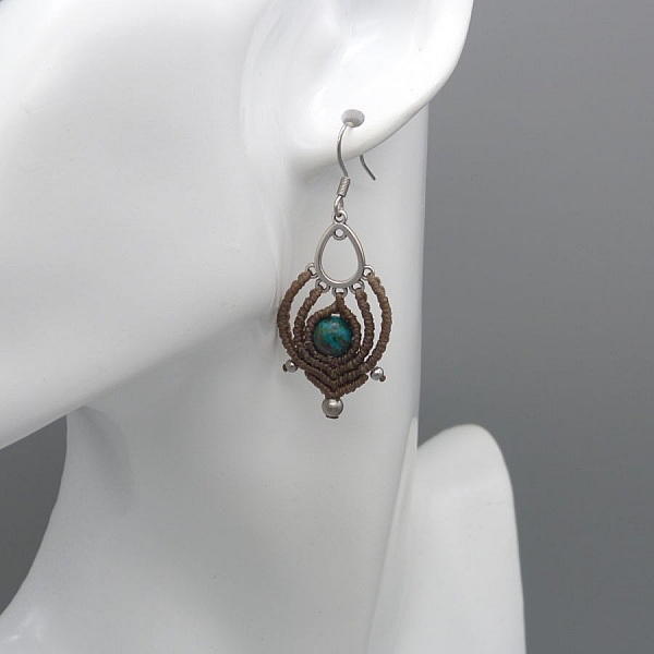 Earrings in hazelnut color micro-macram&eacute; with a chrysocolla bead