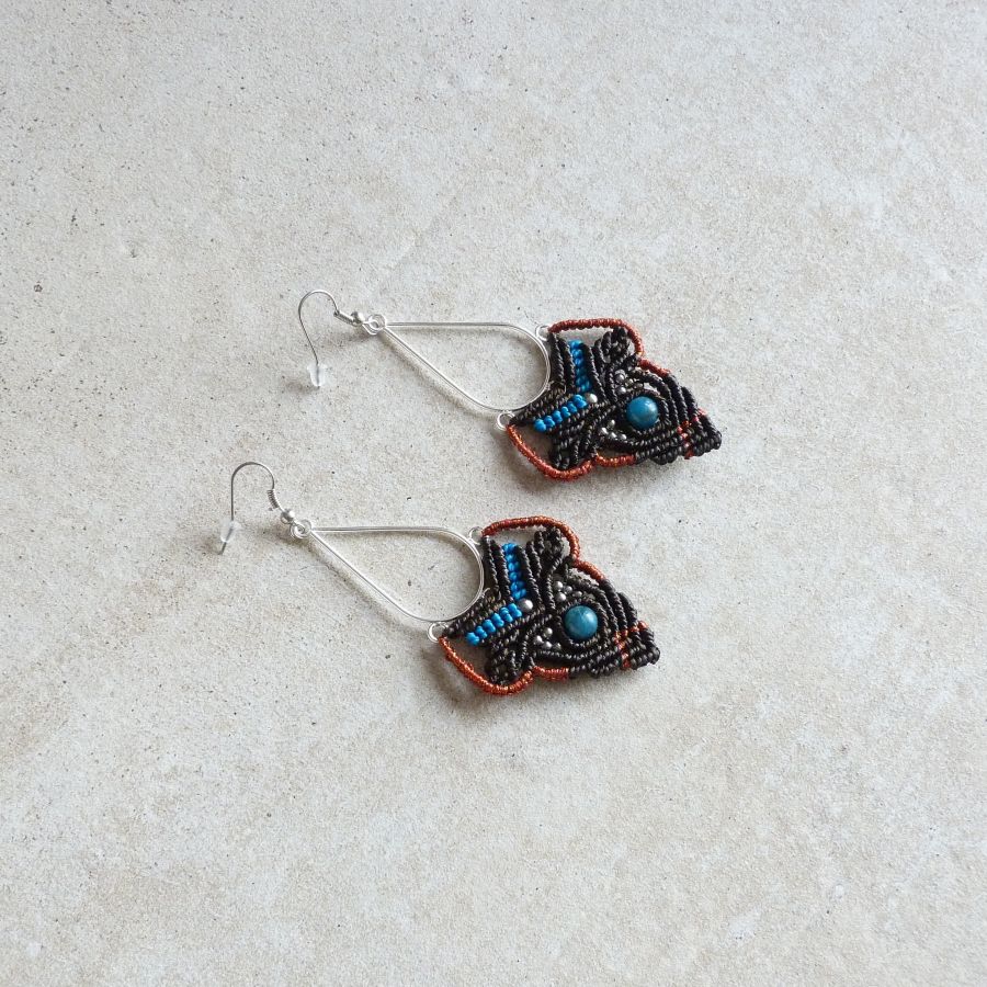 Brown, turquoise blue, copper micro-macramé earrings