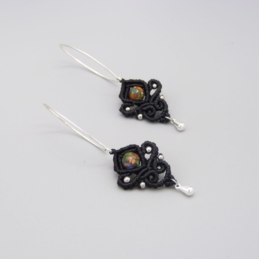 Black micro-macramé earrings with imperial jasper beads