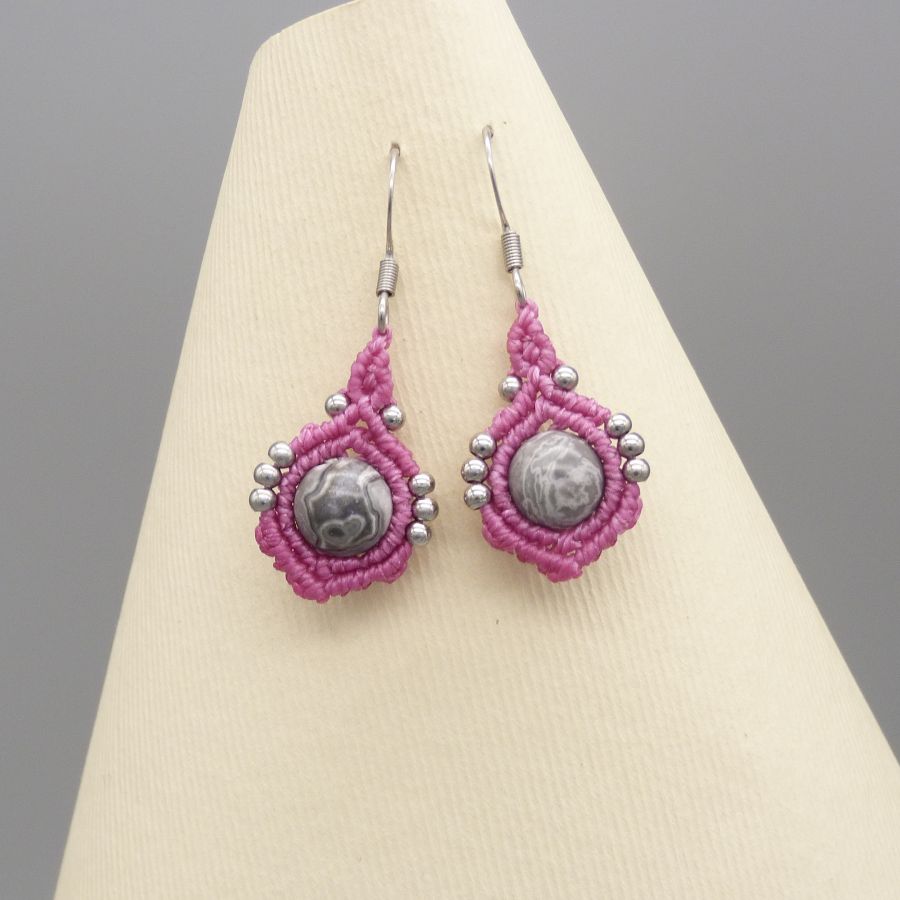 Candy pink micro-macramé earrings with silver leaf jasper beads